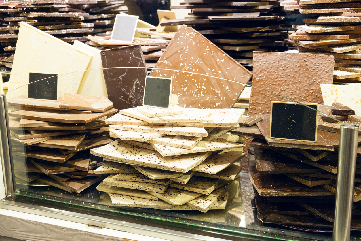 Chocolate bars stacked in store